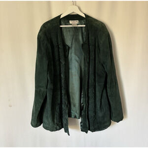 Vintage Victor Costa Leather Jacket 3X Green Embellished Open Front